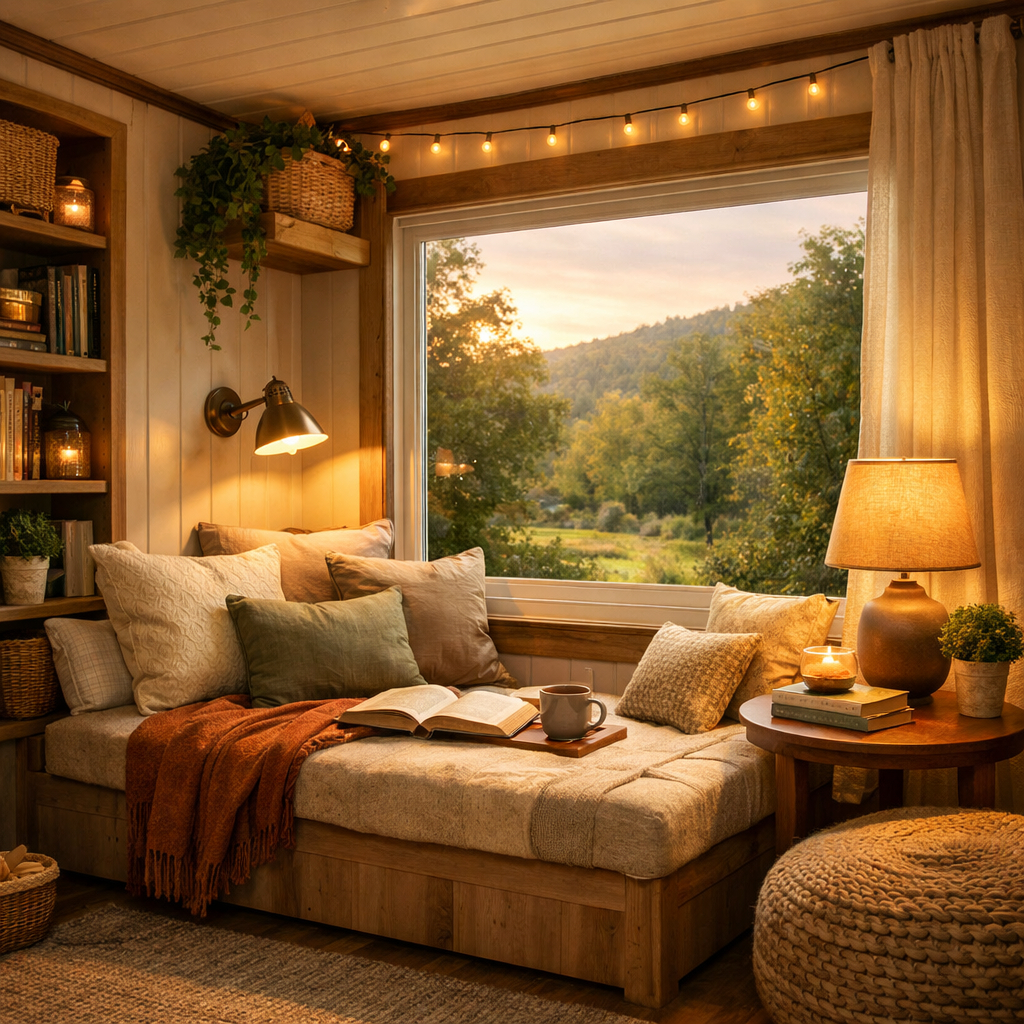 Cozy reading nook in a manufactured home